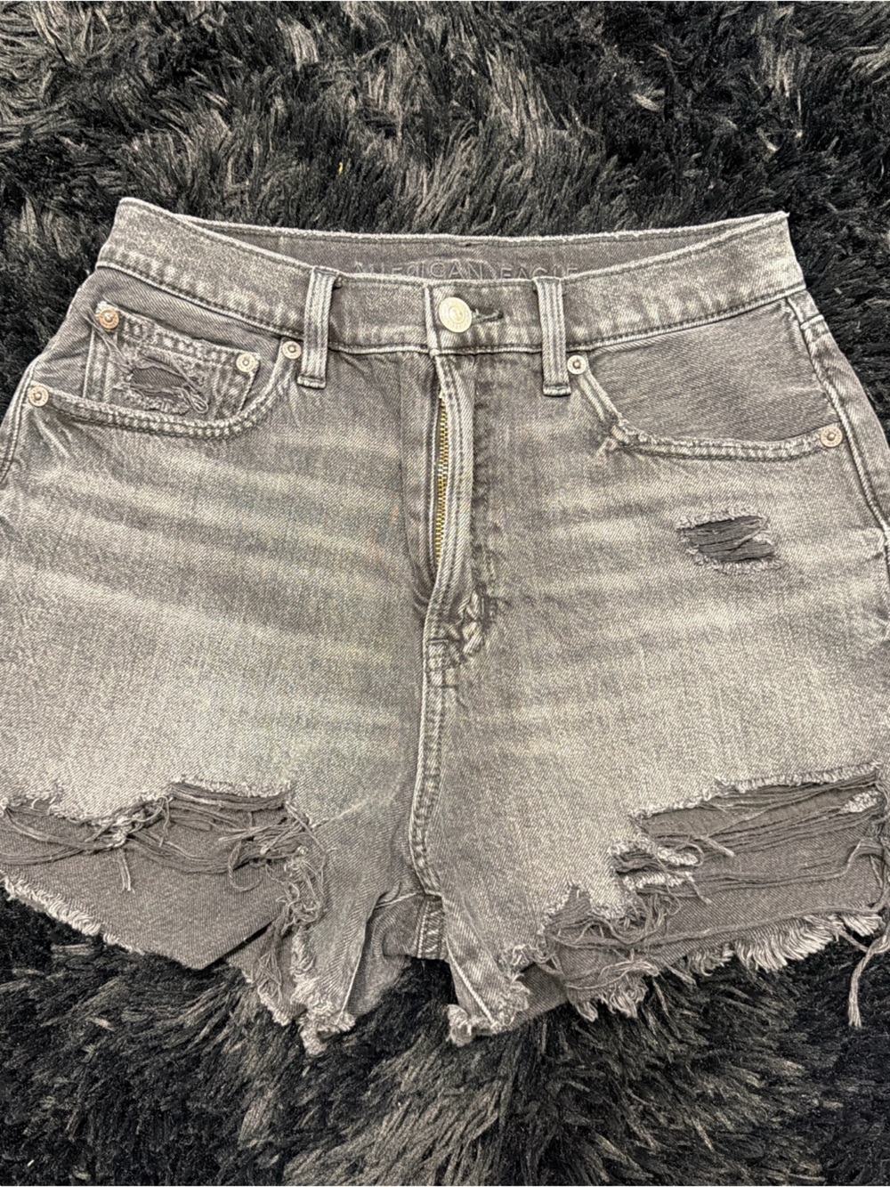 American Eagle Outfitters Distressed High-Rise Denim Shorts — Gray